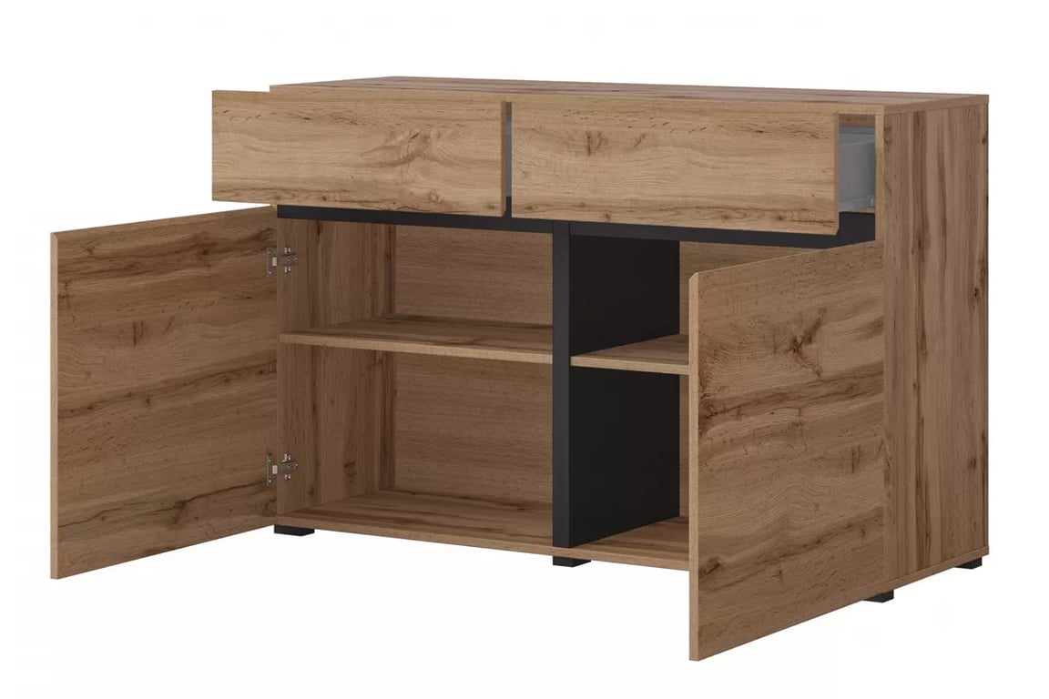 Komoda Gramon 119 cm se zásuvkami - dub wotan / černá Komoda Cross 45 s zásuvkami 119 cm - Dub wotan / Černý