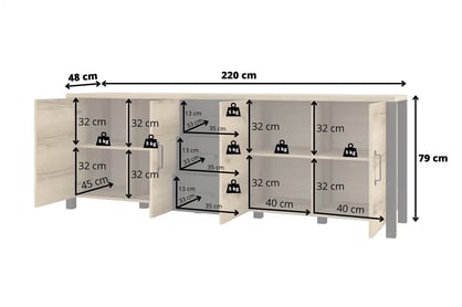 Komoda Olin 25 - dub grand prírodný / čierna - 220 cm moderná Komoda