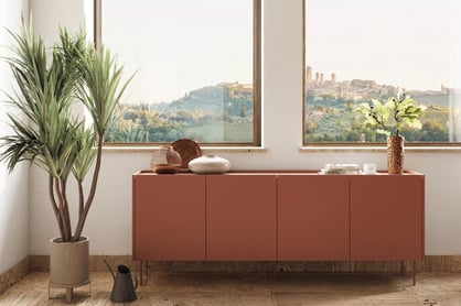 Comodă cu patru sertare ascunse Desin 220 4U4S - roșu ceramic / Stejar nagano Comoda Desin 220 cm z 4 ukrytymi sertare - roșu / ceramic red / stejar nagano