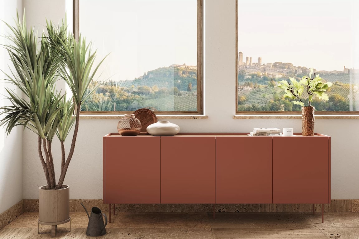 Comodă cu patru sertare ascunse Desin 220 4U4S - roșu ceramic / Stejar nagano Comoda Desin 220 cm z 4 ukrytymi sertare - roșu / ceramic red / stejar nagano