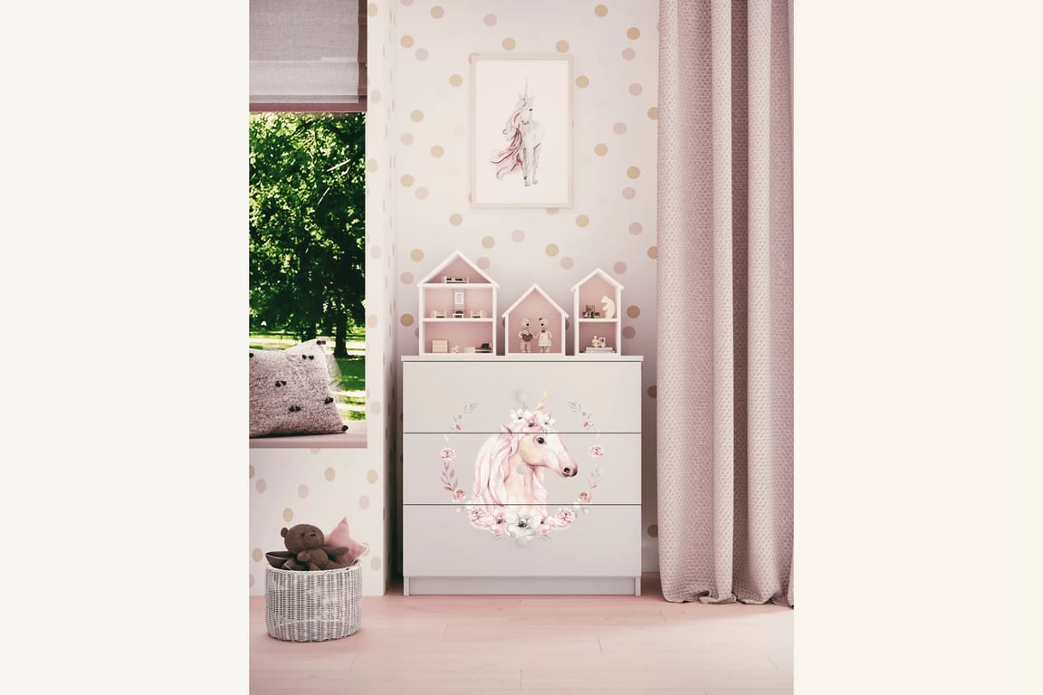 Comodă copii Bonzo 80 cm cu sertare - alb / cal Comoda dziecieca Bonzo 80 cm cu sertare - bialy / konik