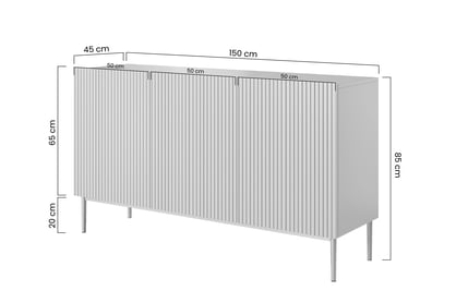 Komoda Nicole 150 cm trojdverová s frézovaným frontom - antický Ružová / čierny nozki - Koncovka Série Komoda Nicole 150 cm s frézovaným frontom i metalowymi nogami - antický Ružová / čierny nozki