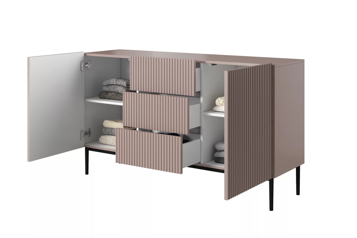 Nicole 150 cm-es komód három fiókkal - antik rózsaszín MDF / fekete lábak Komód Nicole 150 cm fiokokkal i metalowymi nogami - antik rozsaszín / fekete lábak