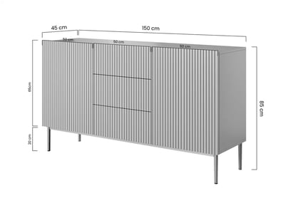 Nicole 150 cm-es komód három fiókkal - zsálya MDF/ arany lábak Komód Nicole 150 cm fiokokkal i metalowymi nogami - szalwia / arany lábak