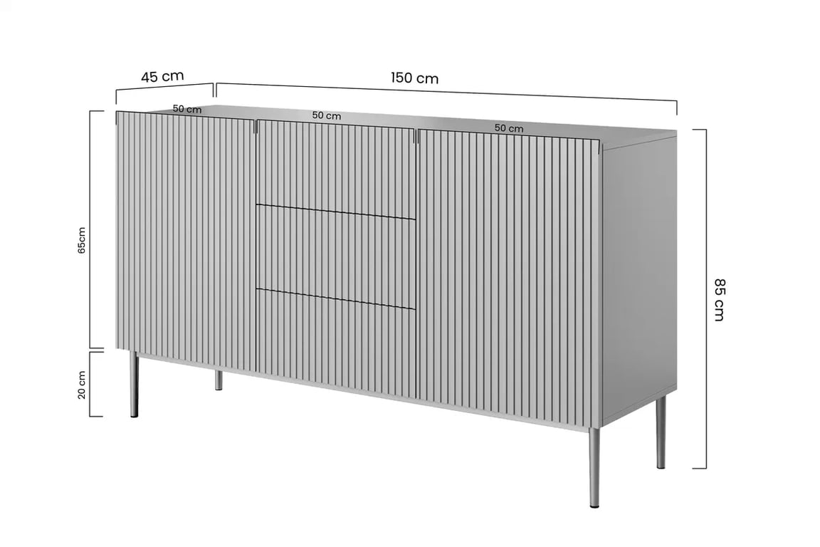 Nicole 150 cm-es komód három fiókkal - zsálya MDF/ arany lábak Komód Nicole 150 cm fiokokkal i metalowymi nogami - szalwia / arany lábak