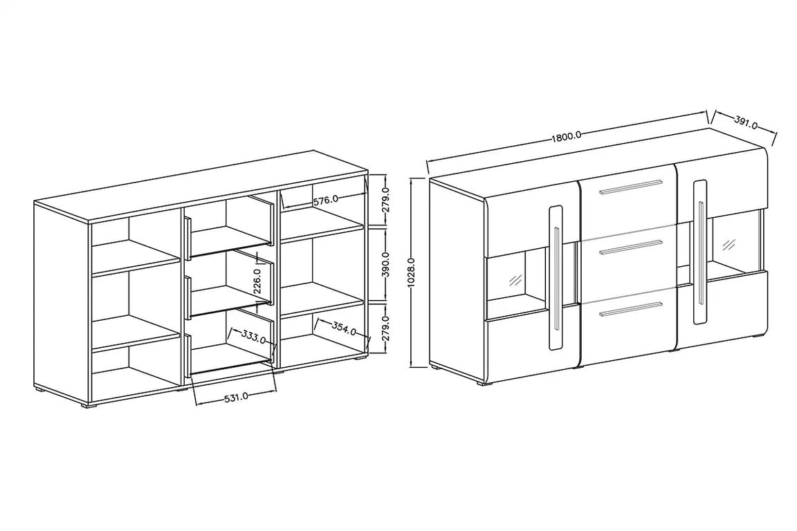 Komoda Tulsa 28 presklená so zásuvkami 180 cm - biela / biela lesk Komoda presklená dvojdverová s tromi zásuvkami Tulsa 28 - biela / biela lesk - Rozmery