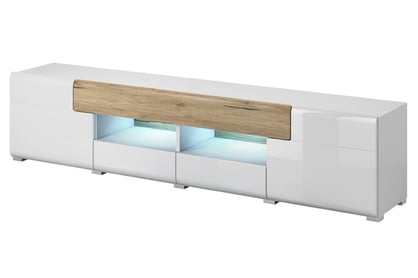 skříňka RTV Toledo 40 se třemi  zásuvkami i wneka 208 cm - bílý lesk / san remo