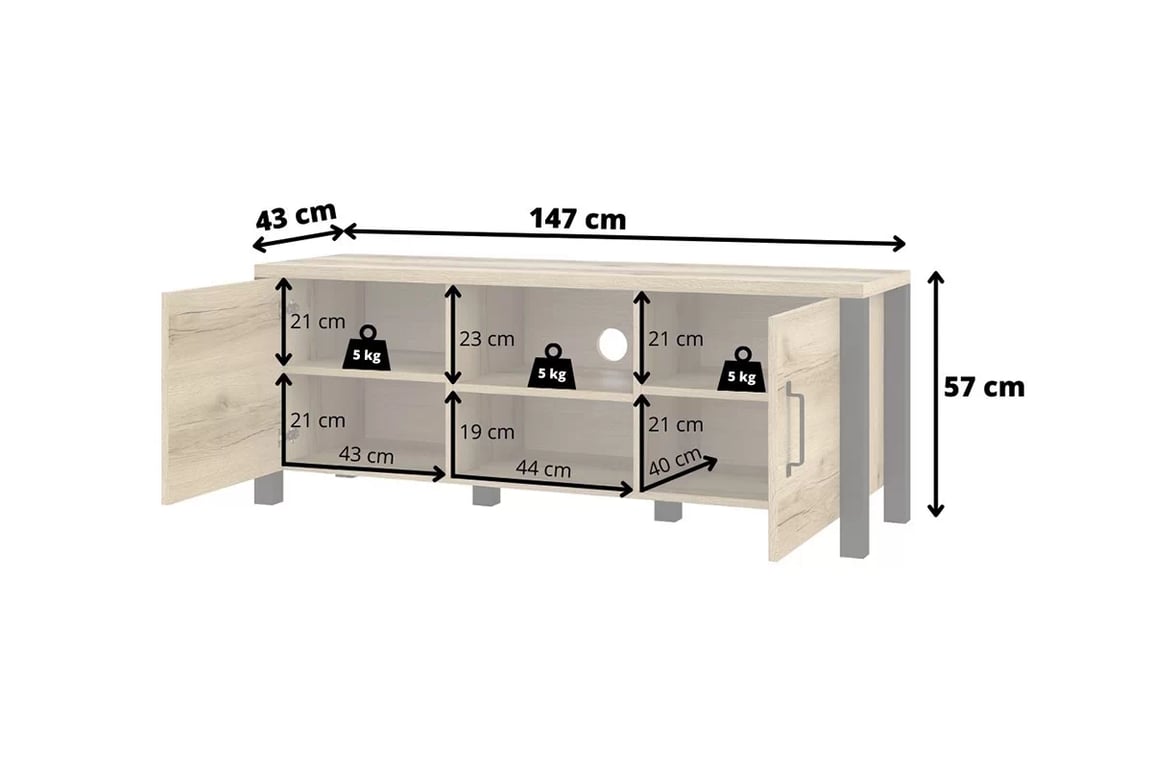 TV stolík Olin 41 - dub grand prírodný / čierna - 147 cm priestorná TV skrinka