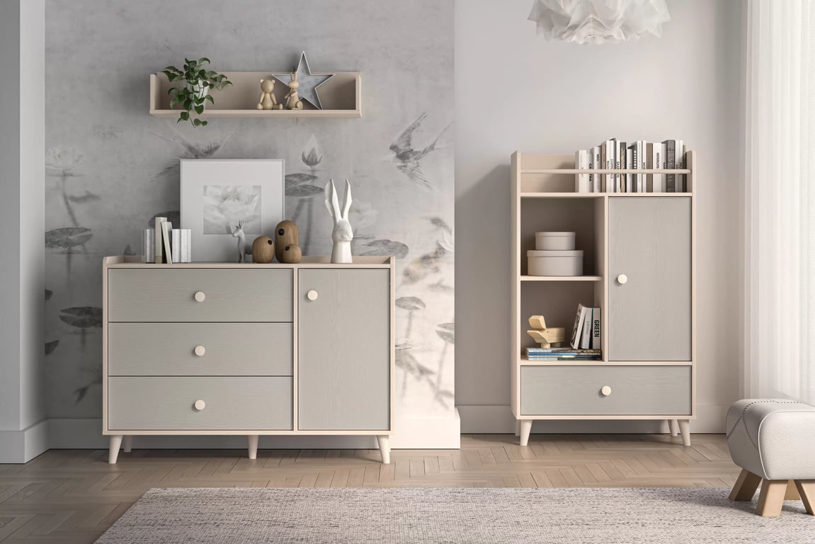 Comodă cu sertare Marla 120 cm - nisip deșert / palladium gri Comoda cu sertare Marla 120 cm - piasek pustyni / gri pallad