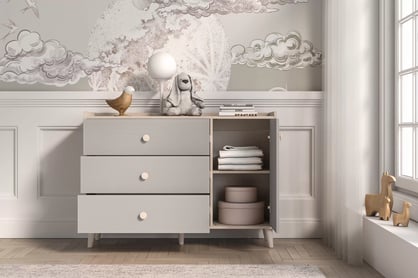 Comodă cu sertare Marla 120 cm - nisip deșert / palladium gri Comoda cu sertare Marla 120 cm - piasek pustyni / gri pallad