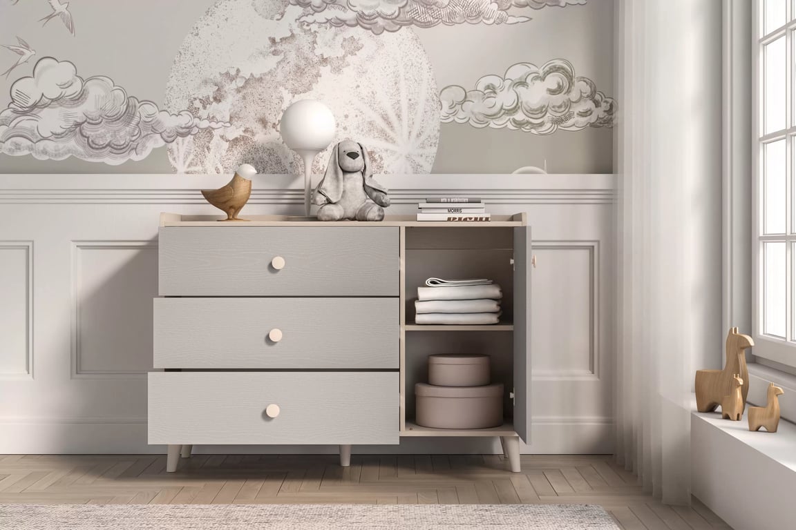 Comodă cu sertare Marla 120 cm - nisip deșert / palladium gri Comoda cu sertare Marla 120 cm - piasek pustyni / gri pallad
