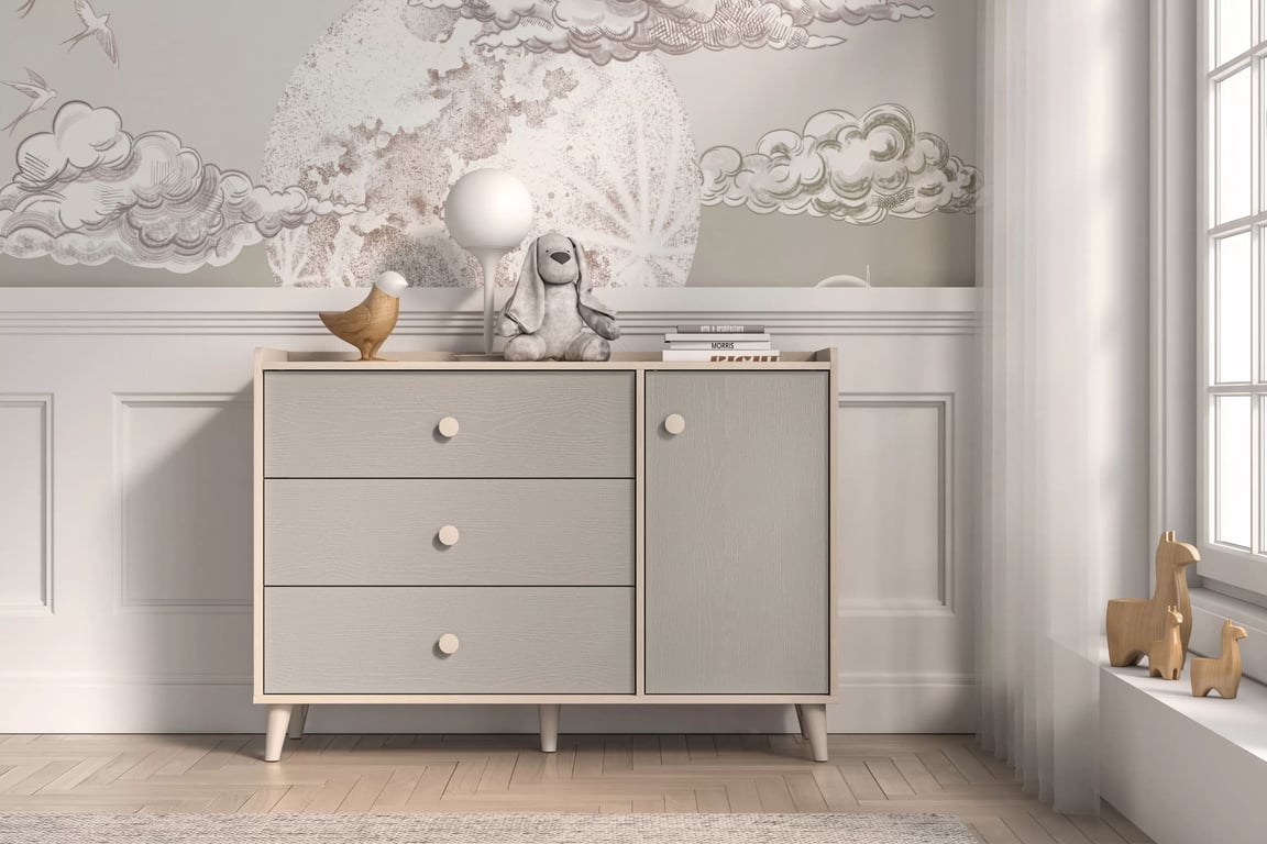 Comodă cu sertare Marla 120 cm - nisip deșert / palladium gri Comoda cu sertare Marla 120 cm - piasek pustyni / gri pallad