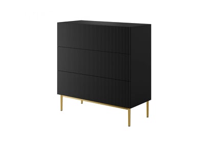 Comoda Nicole cu trei  sertare cu picioare metalice 100 cm - negru mat / picioare aurii