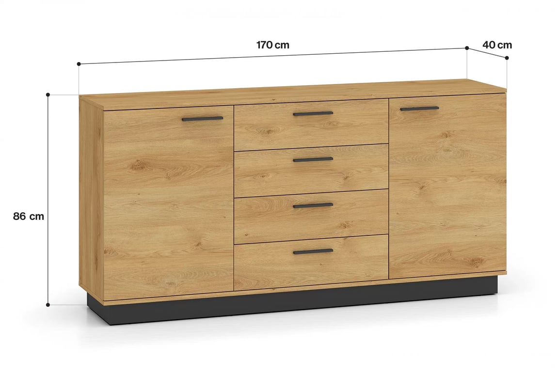 Stivio komód 170 cm - stílusos tölgy / fekete Komod fiokokkal Stivio 170 cm - dab Elegáns / fekete
