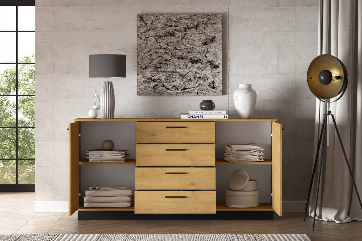 Stivio komód 170 cm - stílusos tölgy / fekete Komod fiokokkal Stivio 170 cm - dab Elegáns / fekete