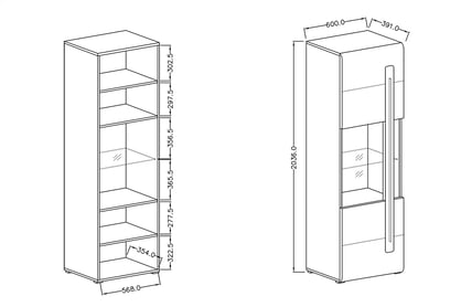 Zostava Tulsa II Biela/biely lesk (MDF) 2497FJ Komplet nábytku . Tulsa II - biela / biela lesk - Vitrína jednodverová Tulsa 05 - Rozmery