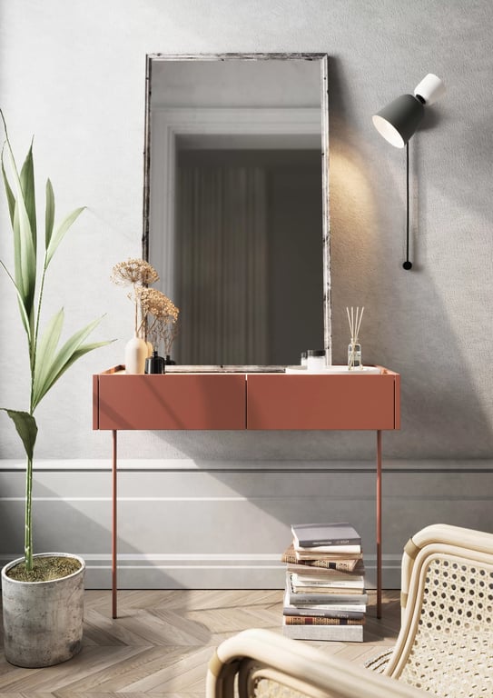 Consolă / masă de toaletă modernăcu două sertare Desin 2S - ceramică roșie / Stejar nagano Konsola / toaletka Desin cu sertare cu picioare metalice 100 cm - roșu / ceramic red / stejar nagano