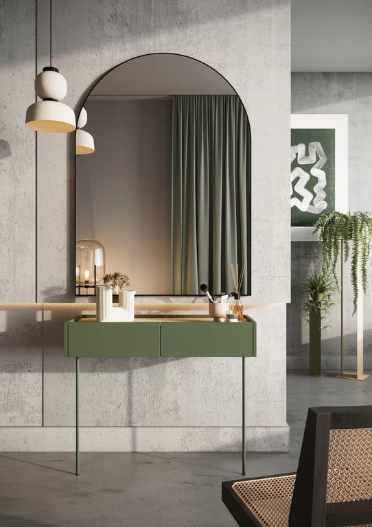 Consolă / masă de toaletă modernăcu două sertare Desin 2S - olive / Stejar nagano Konsola / toaletka Desin cu sertare cu picioare metalice 100 cm - olive / stejar nagano