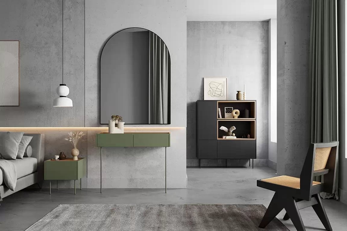Consolă / masă de toaletă modernăcu două sertare Desin 2S - olive / Stejar nagano Konsola / toaletka Desin cu sertare cu picioare metalice 100 cm - olive / stejar nagano