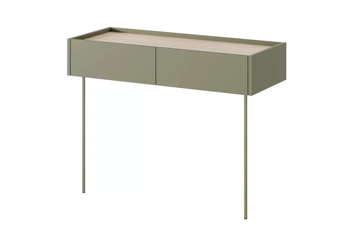 Consolă / masă de toaletă modernăcu două sertare Desin 2S - olive / Stejar nagano Konsola / toaletka Desin cu sertare cu picioare metalice 100 cm - olive / stejar nagano