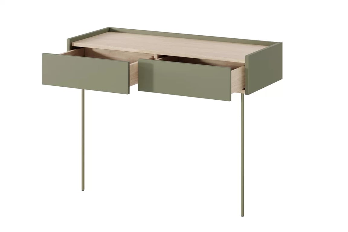 Consolă / masă de toaletă modernăcu două sertare Desin 2S - olive / Stejar nagano Konsola / toaletka Desin cu sertare cu picioare metalice 100 cm - olive / stejar nagano