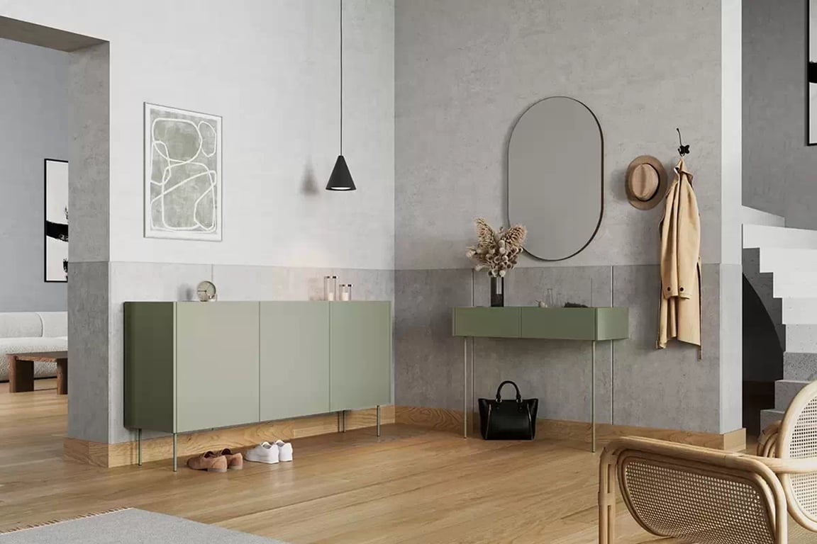 Consolă / masă de toaletă modernăcu două sertare Desin 2S - olive / Stejar nagano Konsola / toaletka Desin cu sertare cu picioare metalice 100 cm - olive / stejar nagano
