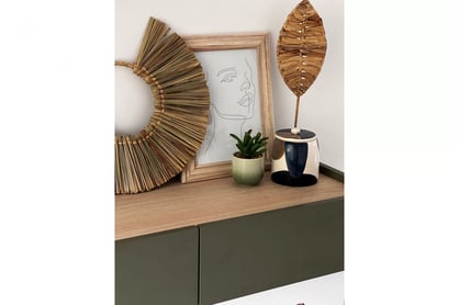 Consolă / masă de toaletă modernăcu două sertare Desin 2S - olive / Stejar nagano Konsola / toaletka Desin cu sertare cu picioare metalice 100 cm - olive / stejar nagano