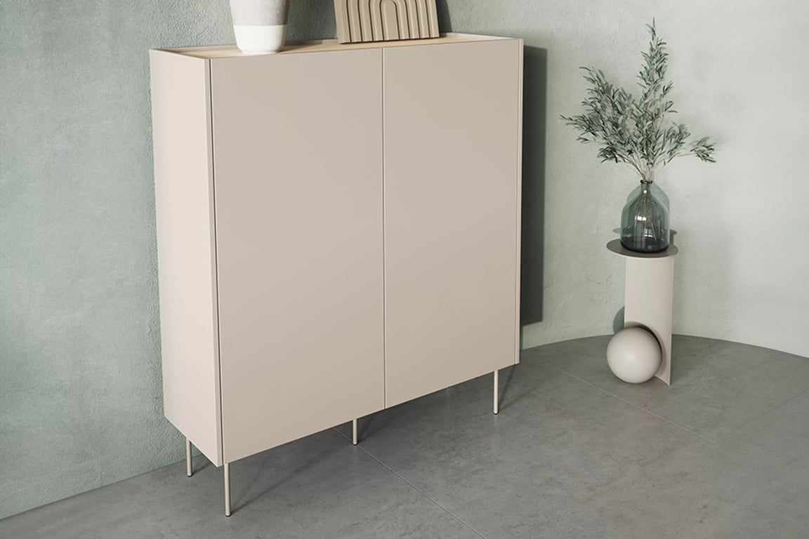 Bufetă Desin 120 cm cu sertare ascunse și picioare metalice - cașmir / stejar nagano dulap Desin 120 cm z ukrytymi sertare cu picioare metalice - cașmir / stejar nagano