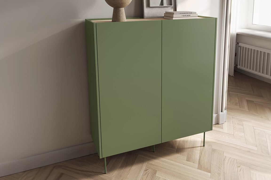 Dulap Desin 120 cm cu două uși și două sertare - olive / stejar nagano dulap Desin 120 cm z ukrytymi sertare cu picioare metalice - olive / stejar nagano