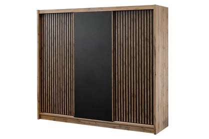Dulap glisant cu lamele London 250 cm - stejar wotan / negru