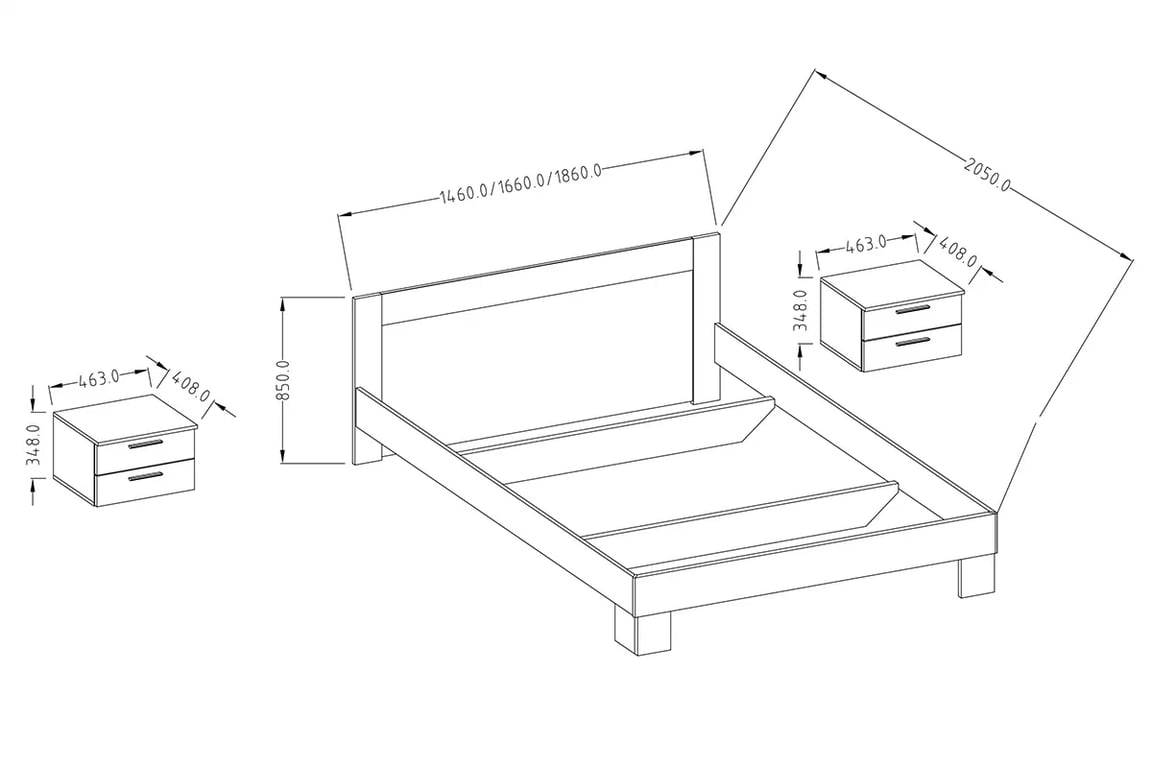 Postel 160x200 z skříňkami nocnymi Vera 51 - arctic pine jasný / arctic pine tmavý postel 160x200 z szafkami nocnymi Vera 51 - arctic pine jasný / arctic pine tmavý - Rozměry