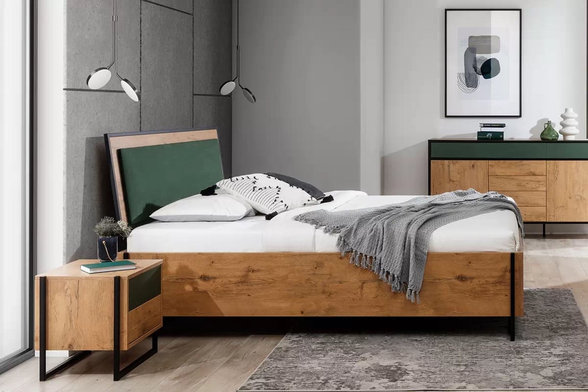 Manželská posteľ Color Loft 140x200 S vnútorným úložným priestorom - Dub lancelot / zelená fľaškovo Posteľ do  spálne  Color Loft 140x200 S vnútorným úložným priestorom- Dub lancelot / zelená fľaškovo