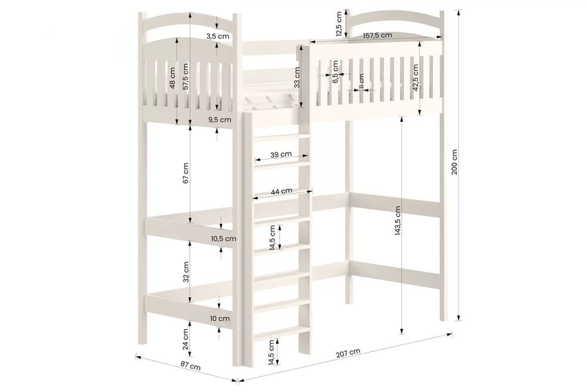 Amely galériás ágy - fehér / 80x200 Ágy dzieciece magasított ágy Amely - méretek