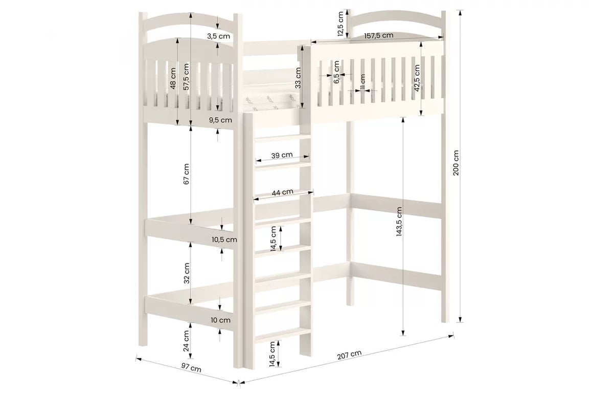 Amely galériás ágy - fehér / 90x200 Ágy dzieciece magasított ágy Amely - méretek