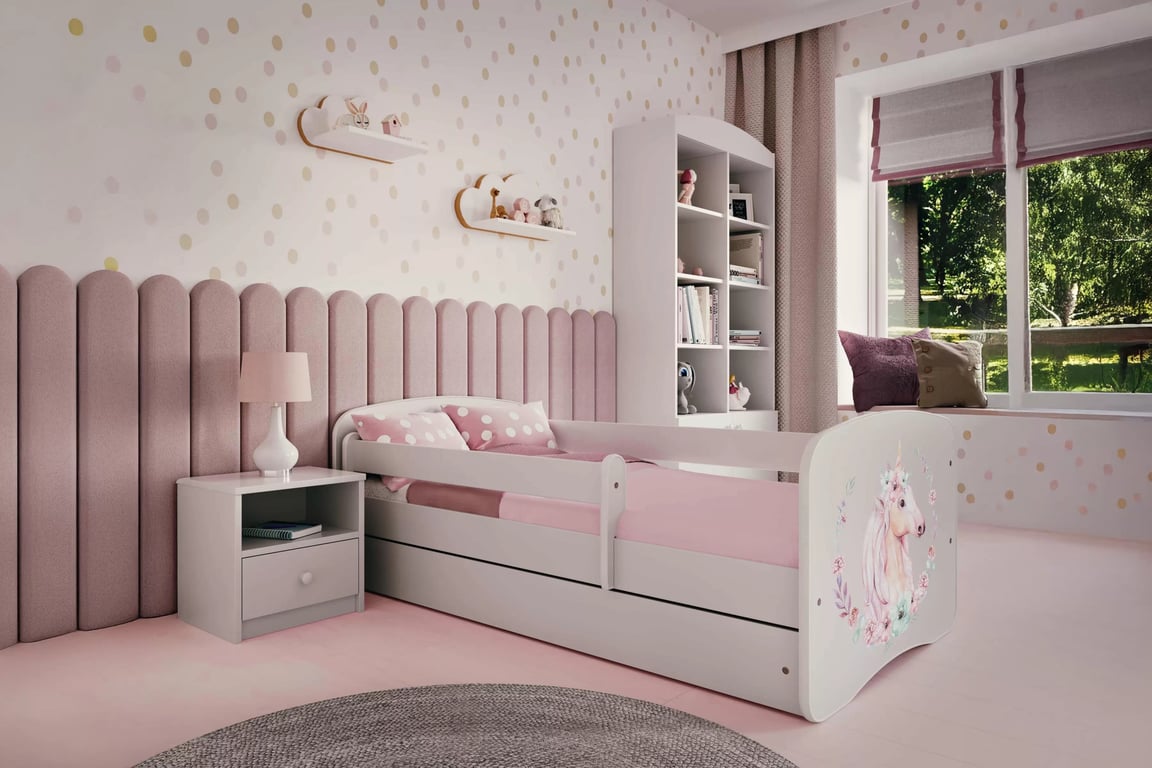 Pat copii Bonzo 70x140 cu sertar - alb / design unicorn Lozko dzieciece Bonzo 70x140 cm z szuflada - bialy / jednorozec