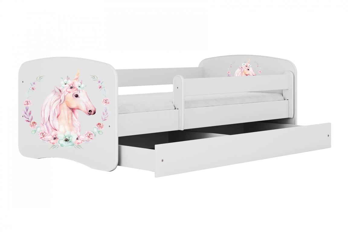 Pat copii Bonzo 80x180 cu sertar - alb / design unicorn Lozko dzieciece Bonzo 80x180 cm z szuflada - bialy / jednorozec