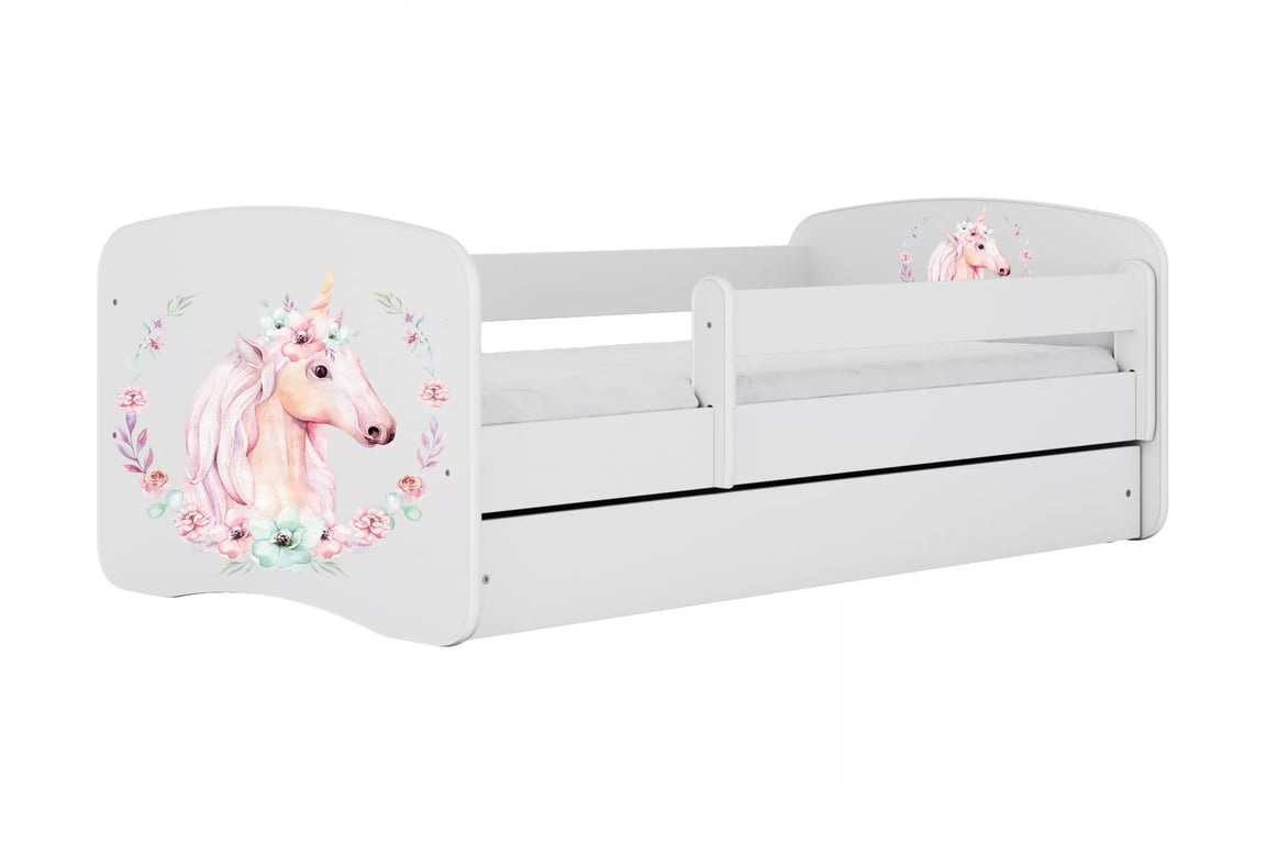 Pat copii Bonzo 80x180 cu sertar - alb / design unicorn Lozko dzieciece Bonzo 80x180 cm z szuflada - bialy / jednorozec