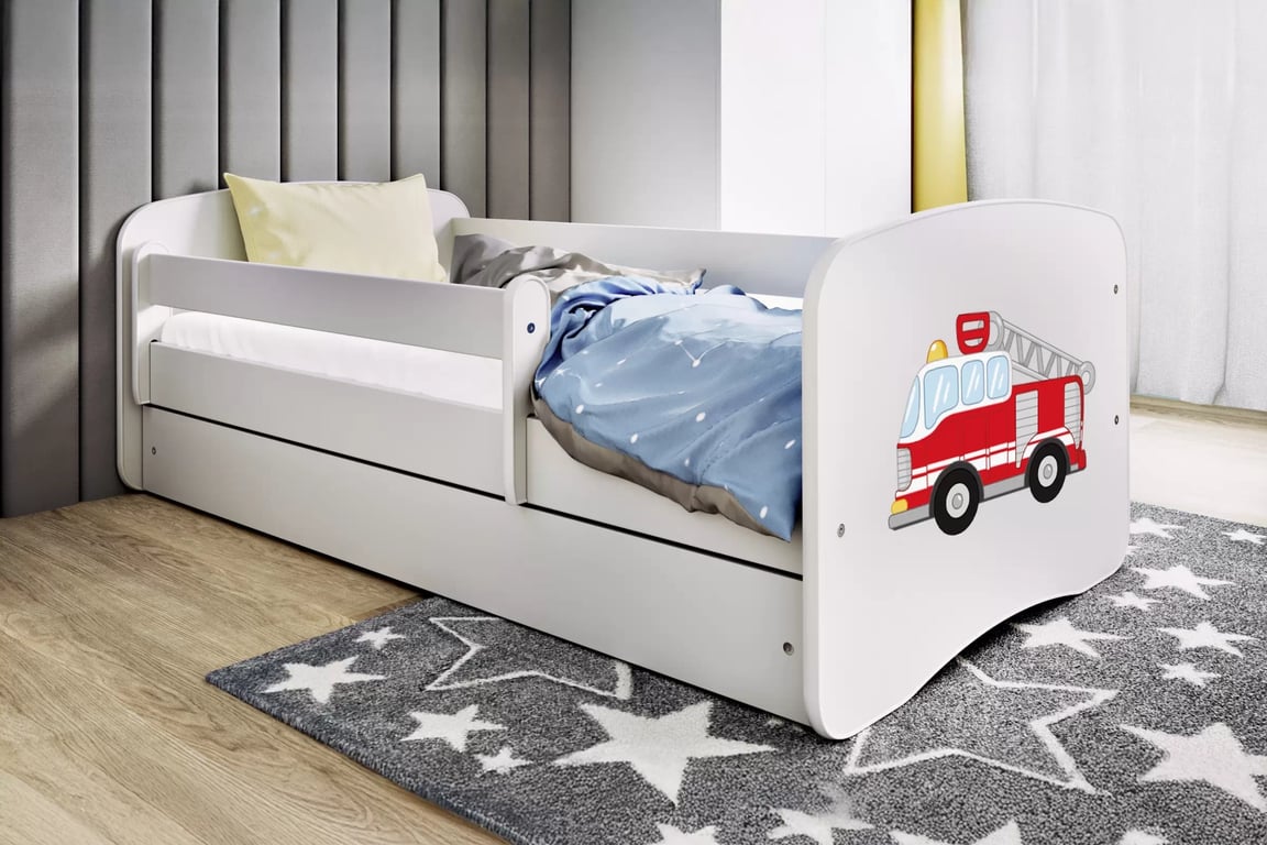 Pat copii Bonzo 80x180 cu sertar - alb / design pompieri Lozko dzieciece Bonzo 80x180 cm z szuflada - bialy / straz pozarna