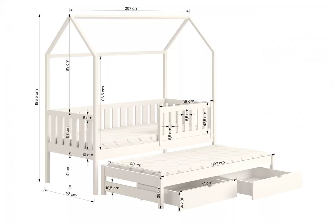 Dětská domečková postel přízemní výsuvná Nemos - borovice, 90x200 postel dzieciece přízemní výsuvná Nemos - Rozměry