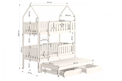 Poschodová domčeková posteľ Nemos s prístelkou - 80x190 cm - čierna Posteľ dzieciece poschodová s výsuvným lôžkom Nemos - Rozmery