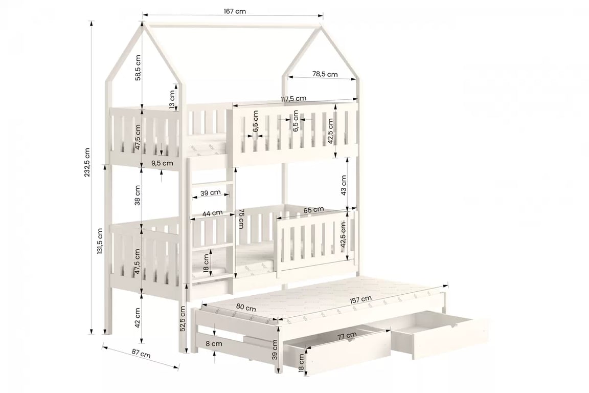 Dětská domečková postel patrová výsuvná Nemos - borovice, 80x160 postel dzieciece patrová  výsuvná Nemos - Rozměry