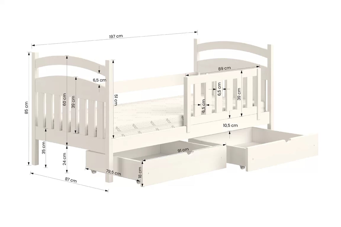 Amely fából készült gyermekágy - fehér / 80x190 Amely fából készült gyermekágy - méretek