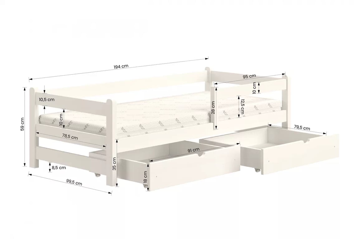 Detská posteľ Alis so zásuvkami - 90x190 cm - biela Posteľ dzieciece prízemná Alis - wymiar 90x190