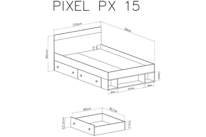 Detská posteľ Pixel 15 - 120x200 - Dub piškótový / Biely lux / šedý Posteľ študentský  120x200 Pixel 15 - dub piškótový/Biely lux/šedý - Rozmery