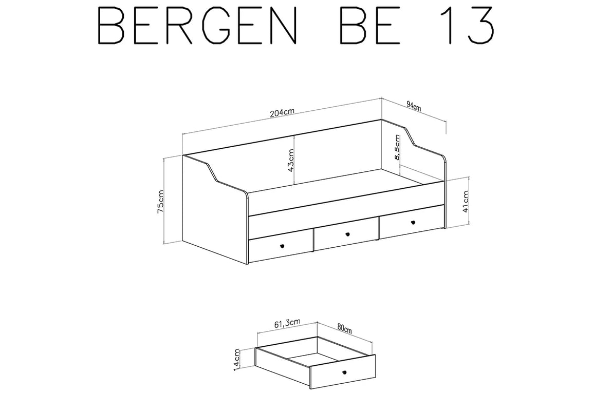 Detská posteľ Bergen 13 s 3 zásuvkami - 90x200 cm - biela Posteľ študentský  90x200 Bergen 13 - Biely