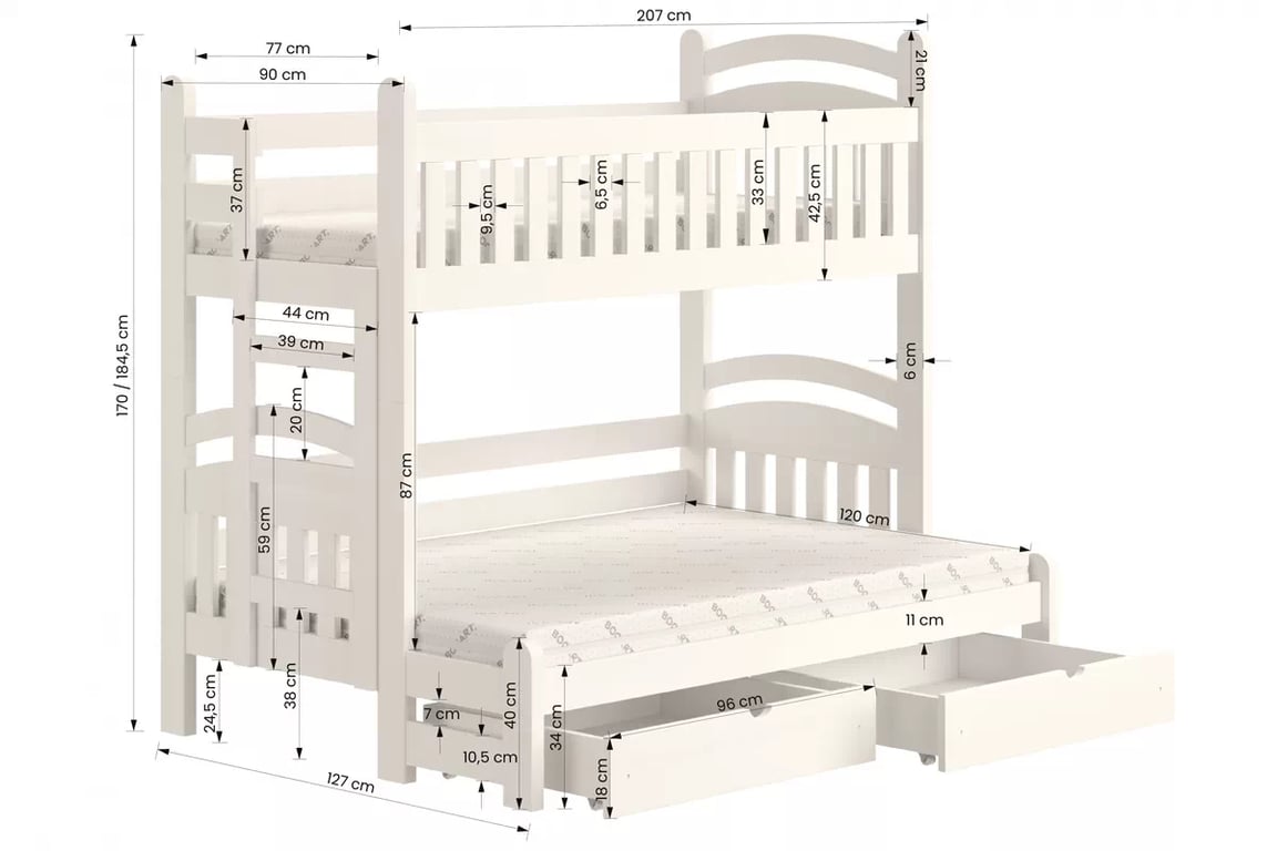 Postel patrová Amely Maxi pravá - Černý, 80x200/120x200 postel patrová  Amely Maxi pravá - Rozměry