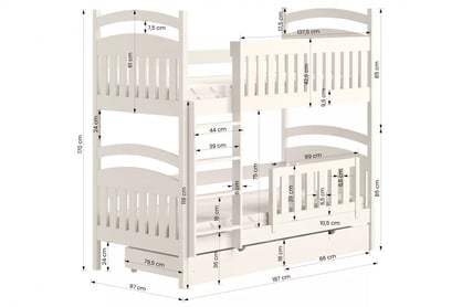 Amely háromszemélyes emeletes ágy - szürke / 90x180 Emeletes ágy fából Amely - méretek