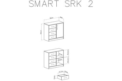 Malá Komoda SRK2 Smart - Meblar Mala Komoda jednodverová so štyrmi zásuvkami Smart SRK2 - Biely lux / Dub sonoma - schemat