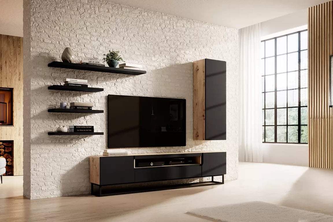 Set mobilier pentru living Loftia II - stejar artisan / negru mat / cadru negru Mebloscianka Loftia II - stejar artizanal / negru mat / negru stelaz