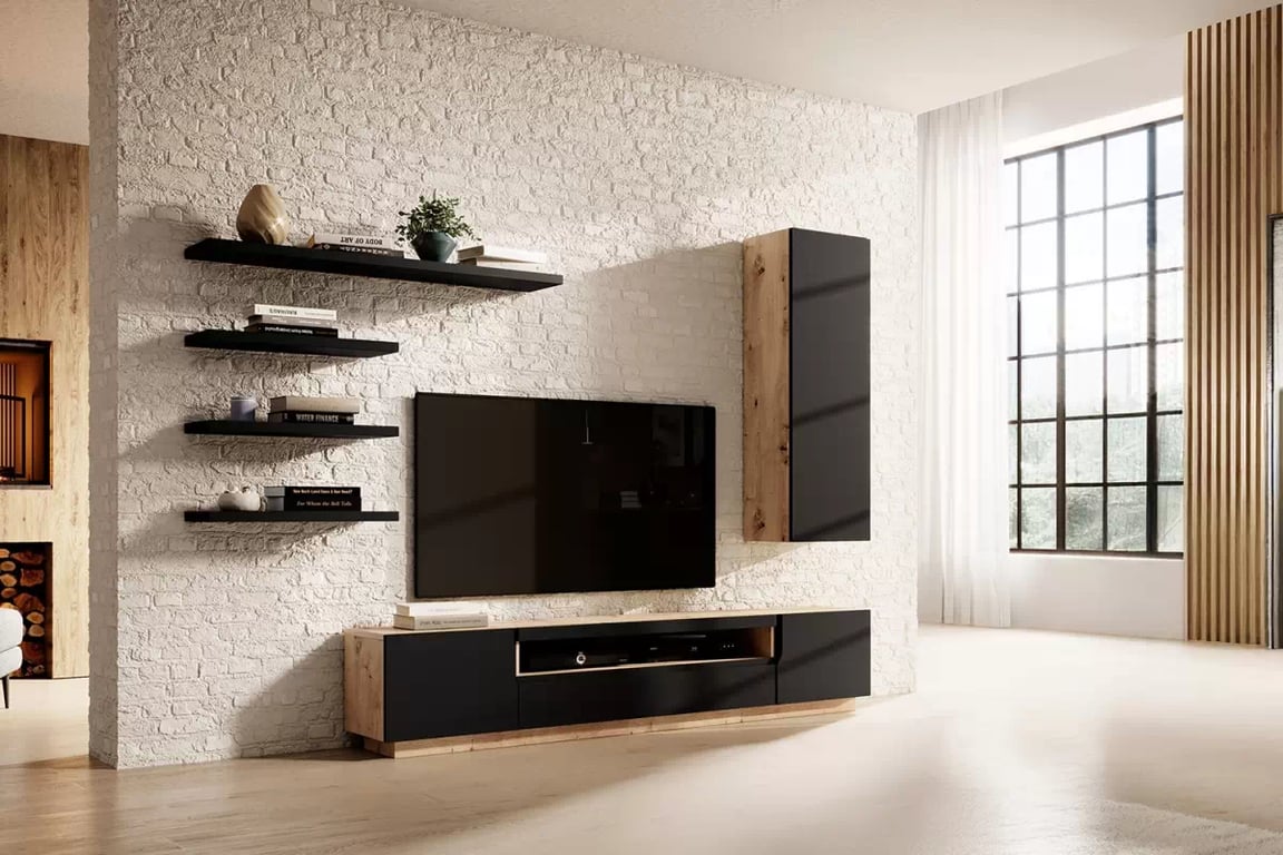 Set mobilier pentru living Loftia II - stejar artisan / negru mat Mebloscianka Loftia II - stejar artizanal / negru mat